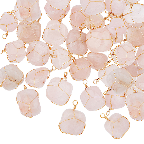 40подвески из натурального розового кварца, самородки прелести, с медной проволокой светло-золотистого цвета, обернутой