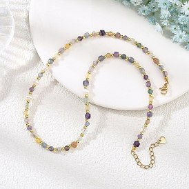 Faceted Natural Fluorite and Pearl Beaded Necklaces, Cube and Round