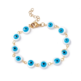 Natural Shell Flat Round with Evil Eye Link Chain Bracelet with Enamel, 304 Stainless Steel Jewelry for Women, Golden