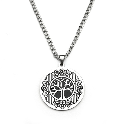 201 Женское ожерелье из нержавеющей стали с круглой подвеской в виде дерева жизни и плоским кулоном