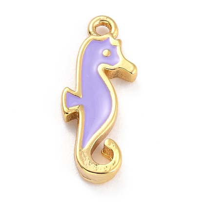 Golden Brass Enamel Pendants, Long-Lasting Plated, Sea Horse