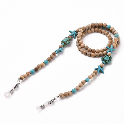Chaînes de lunettes, tour de cou pour lunettes, avec des perles turquoises synthétiques, des perles en bois naturel, 304 fermoirs à pince de homard en acier inoxydable et extrémités en caoutchouc