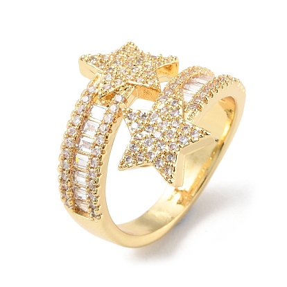 Clear Cubic Zirconia Double Star Open Cuff Rings, Brass Jewelry for Women, Cadmium Free & Lead Free
