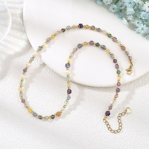Colliers de perles et de fluorite naturelle facettée, cube et rond
