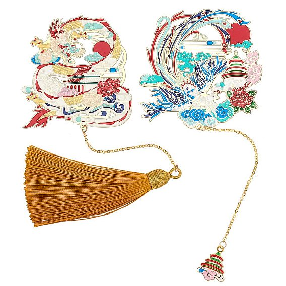 2Pcs 2 Style Brass Bookmarks, with Tassels Finding