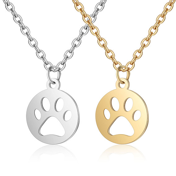 201 Stainless Steel Pendants Necklaces, Flat Round with Dog's Paw