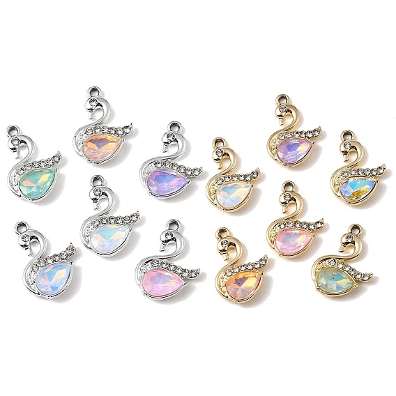 Colgantes de vidrio de aleación de chapado uv, encanto de cisne, con diamante de imitación, facetados, color mezclado