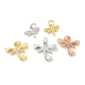 Rack Plating Brass Micro Pave Clear Cubic Zirconia Pendants, Long-Lasting Plated, with Jump Rings, Lead Free & Cadmium Free, Dragonfly