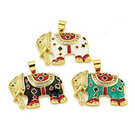 Brass Micro Pave Clear Cubic Zirconia Pendants, with Enemal, Real 18K Gold Plated, Elephant