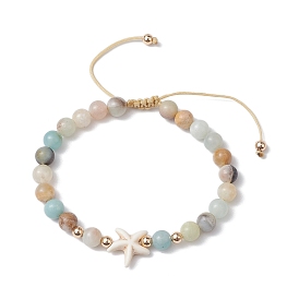 Natural Flower Amazonite Round Beaded Braided Bead Bracelets, with Dyed Synthetic Turquoise Beads for Women Men