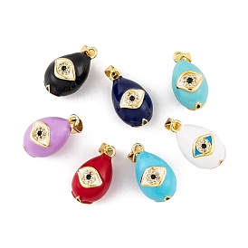 Brass Micro Pave Cubic Zirconia Pendants, with Enamel, Real 18K Gold Plated, Teardrop with Eye Charms
