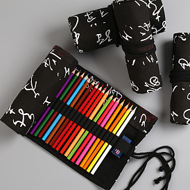 Chinese Character Pattern Handmade Canvas Pencil Roll Wrap, Roll Up Pencil Case for Coloring Pencil Holder