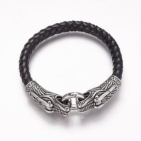 Braided Leather Cord Bracelets, with 304 Stainless Steel Clasps, Leopard Head