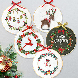 Christmas Theme Deer/Wreath/Snowman Embroidery Starter Kits, including Embroidery Fabric & Thread, Needle, Instruction Sheet and Imitation Bamboo Embroidery Hoop