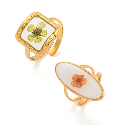 304 открытые манжеты из нержавеющей стали, Женское кольцо из пластика и сухих цветов, золотые