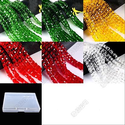 300Pcs 6 Colors Christmas Themed Transparents Glass Beads, Cube, Faceted