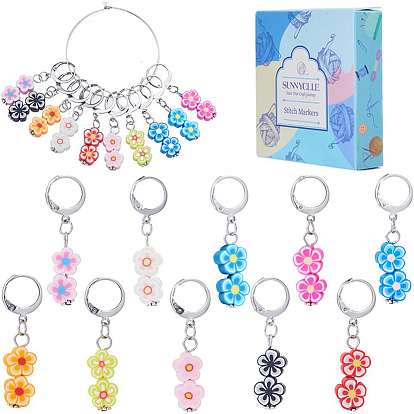 Handmade Polymer Clay Flower Pendant Locking Stitch Markers, 304 Stainless Steel Leverback Hoop Stitch Marker