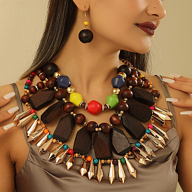 Collier multicouche en bois avec plastique et boucles d'oreilles pendantes à perles rondes, rectangle, tonneau et cône