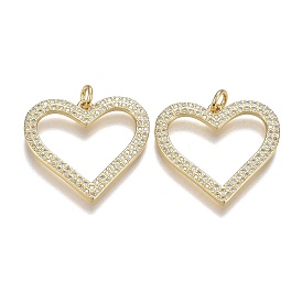 Brass Micro Pave Clear Cubic Zirconia Pendants, with Jump Rings, Long-Lasting Plated, Heart