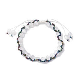Round Natural Selenite Braided Beaded Bracelets, Glass Seed Beads Adjustable Bracelets for Women Men