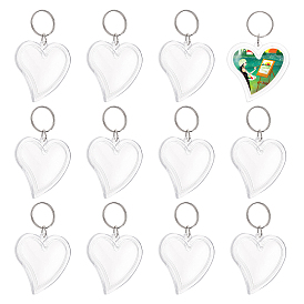12 Sets Transparent Acrylic Blank Photo Picture Frame Keychain, with Iron Split Key Rings, Heart, Platinum