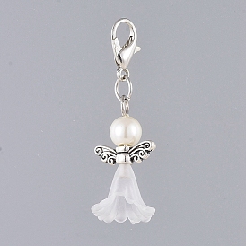 Pendentifs acryliques, avec des perles de verre teintées, fermoirs pince de homard en alliage de zinc et perles en alliage, ange