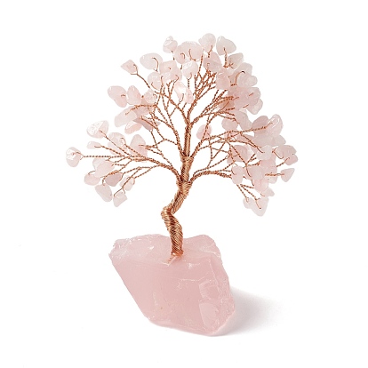 Décoration d'affichage d'arbre de pierres précieuses naturelles, ornement feng shui à base de quartz rose naturel pour la richesse, chance, fils de laiton doré rose enveloppés