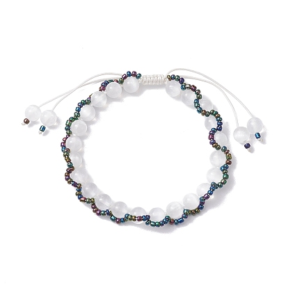 Round Natural Selenite Braided Beaded Bracelets, Glass Seed Beads Adjustable Bracelets for Women Men