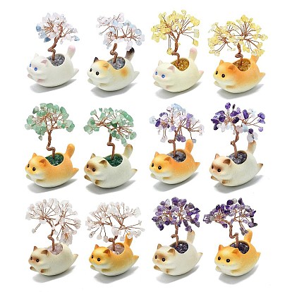 Украшения из натуральных драгоценных камней в виде дерева жизни с кошачьими украшениями, с керамической основой разных цветов и медной проволокой, фен-шуй энергетический камень подарок для домашнего офиса украшение рабочего стола