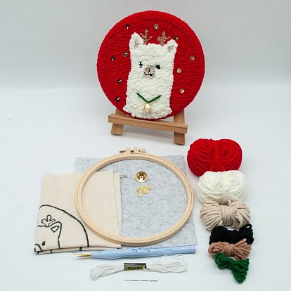 Punch Embroidery Starter Kit, Including Plastic Embroidery Hoop, Alloy Needle, Punch Needle Pen, Fabric, Felt, Threader, Water Removal Pen and 7 Colors Threads, Llama