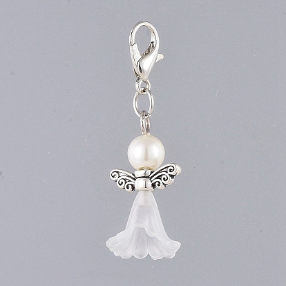 Pendentifs acryliques, avec des perles de verre teintées, fermoirs pince de homard en alliage de zinc et perles en alliage, ange