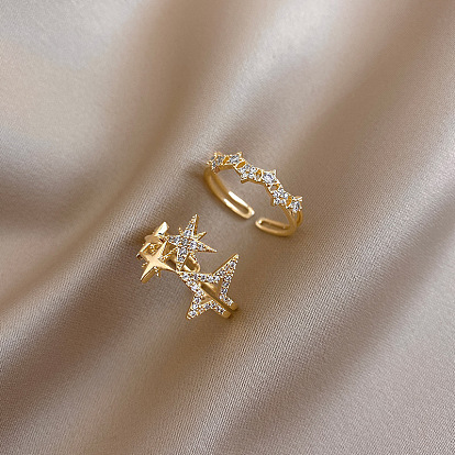 Латунные кольца-манжеты с микропаве из прозрачных кубических цирконий, звезда