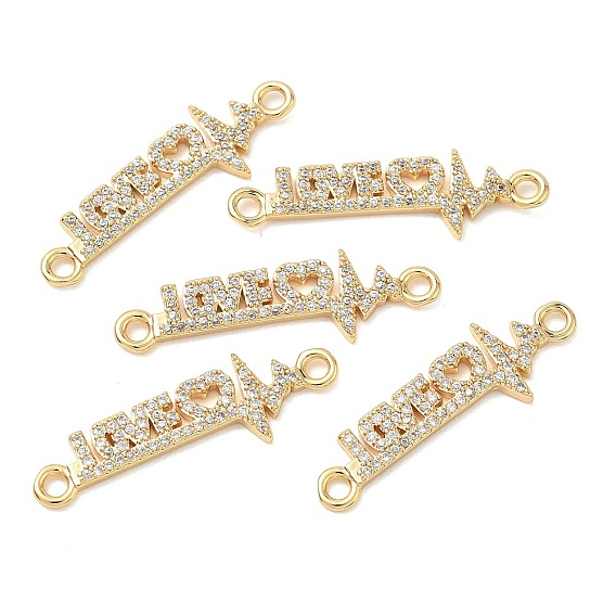 SHEGRACE Brass Micro Pave Clear Cubic Zirconia Connector Charms, Love & Heartbeat Links, Lead Free & Cadmium Free, Rack Plating, Long-Lasting Plated