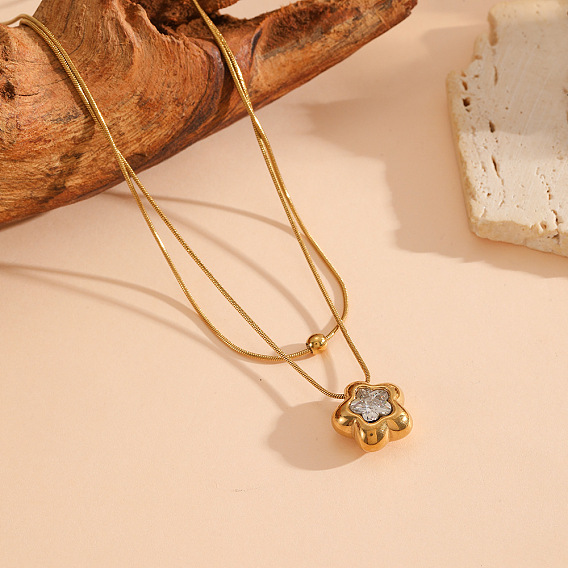 304 Stainless Steel Pave Cubic Zirconia Star Heart Teardrop Pendant Double Layer Necklaces for Women, Golden
