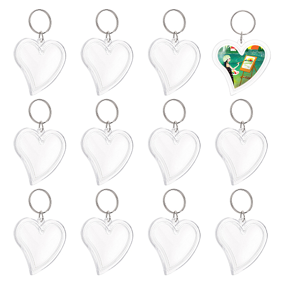 12 Sets Transparent Acrylic Blank Photo Picture Frame Keychain, with Iron Split Key Rings, Heart, Platinum