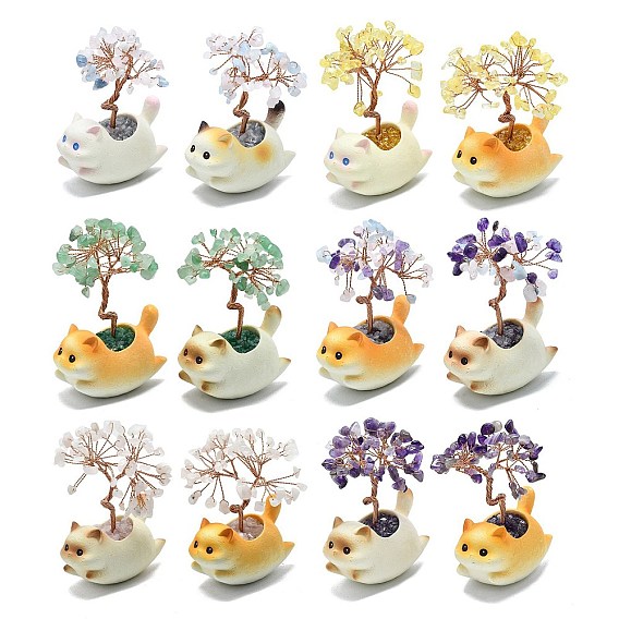 Украшения из натуральных драгоценных камней в виде дерева жизни с кошачьими украшениями, с керамической основой разных цветов и медной проволокой, фен-шуй энергетический камень подарок для домашнего офиса украшение рабочего стола