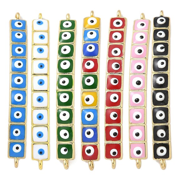 Rack Plating Brass Enamel Evil Eye Connector Charms, Rectangle Links, Real 18K Gold Plated, Long-Lasting Plated, Cadmium Free & Lead Free