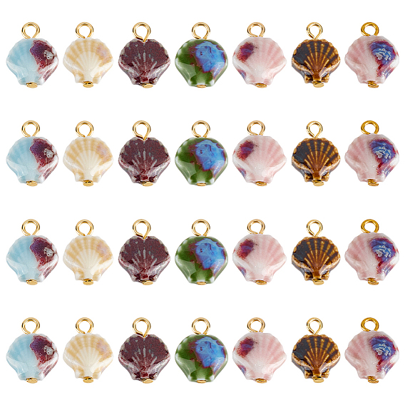 28 шт. 7 стильные подвески из яркого глазурованного фарфора ручной работы, с 304 фурнитурой из нержавеющей стали, формы раковины, золотые