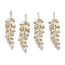Brass Micro Pave Cubic Zirconia Pendants, Olive Branch, Long-Lasting Plated, Light Gold