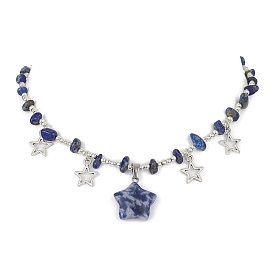 Ожерелье-нагрудник с подвесками в виде звездочек из натуральных и синтетических камней и сплавов с фишками и цепочками из бисера