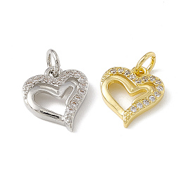 Brass Micro Pave Clear Cubic Zirconia Charms, with Open Jump Rings, Hollow Heart