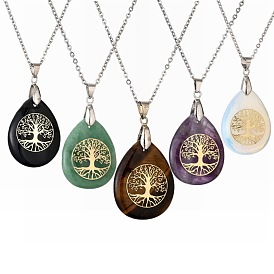 Natural Stone Crystal Pendant Necklace with Tree of Life Design