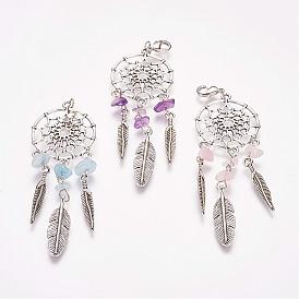Woven Net/Web with Feather Alloy Big Pendants, with Natural Gemstone Beads and Brass Lobster Claw Clasps, Antique Silver and Platinum