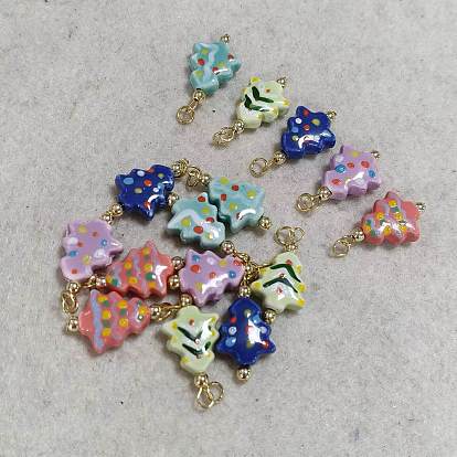 15Pcs 5 Styles Handmade Porcelain Pendants, Christmas Tree Charm, with 304 Stainless Steel Jump Ring