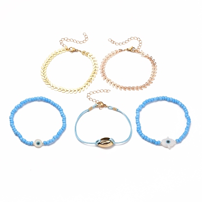 Bracelets Sets, Including Brass Cobs Chain Bracelets, Glass Seed Stretch Bracelets, with Evil Eye Natural Shell Beads, Waxed Polyester Cord and 304 Stainless Steel Lobster Claw Clasps