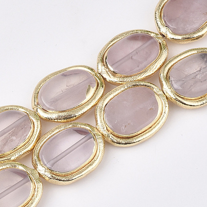 Natural Rose Quartz Beads, Electroplate Polymer Clay Edge, Oval
