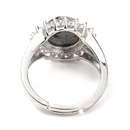 Gemstone Adjustable Rings, Platinum Tone Flower Brass Rhinestone Rings for Women, Cadmium Free & Lead Free