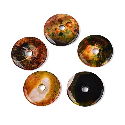 Natural Agate Peace Donut Pendants, Pi Disc Charms, Dyed & Heated