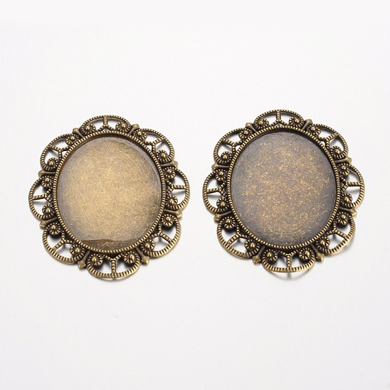 Oval Tibetan Style Alloy Cabochon Settings, Cadmium Free & Lead Free, Tray: 40x30mm, 56x46x2mm, Hole: 5x4mm, about 105pcs/1000g