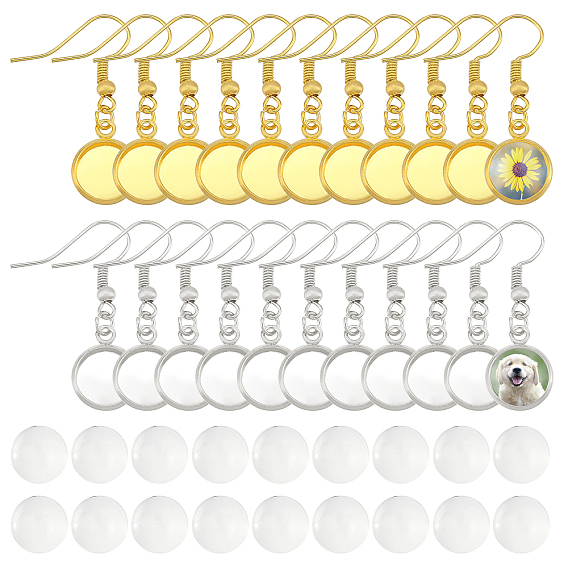 DIY Flat Round Dangle Earring Making Kit, Including Iron Dangle Earrings Hooks with Cabochon Settings, Transparent Glass Cabochons